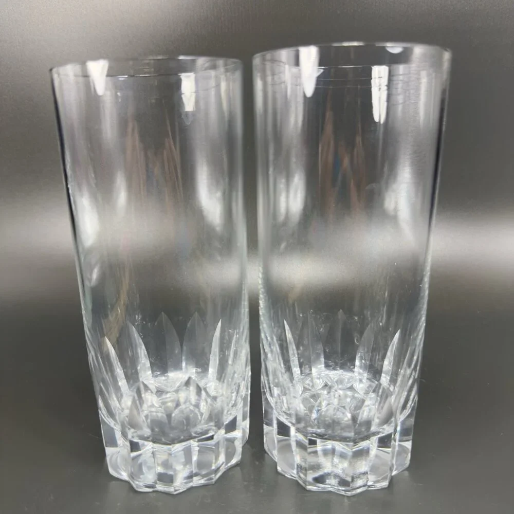 Vintage French Tall Tumblers Cups Barware Set 2 Glasses Cut Bottom Design VTG‎